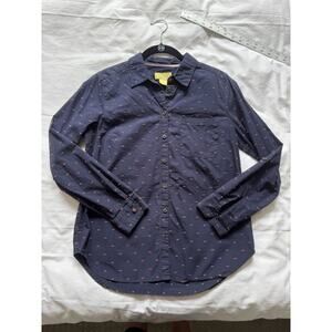 Anthropologie Maeve Women's Preppy Embroidered Button Down Shirt Navy Blue Sz 6